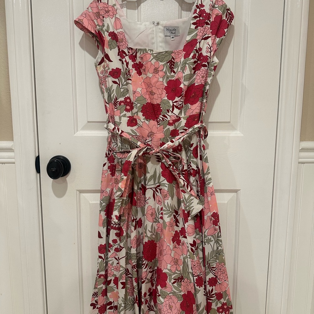 Unique Vintage Pink and Red Floral Midi Dress
